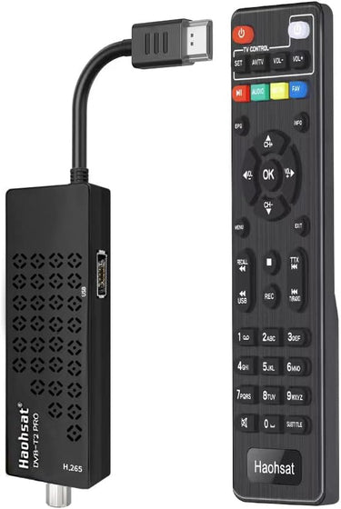 Decodificador Digital Terrestre DVB T2 HDMI TV Stick, Dolby Audio HD 1080P H265 HEVC Master 10bit, decodificador DVB-T2 HD Smart TV USB WiFi/Multimedia/PVR, con 2 en 1 Mando a Distancia